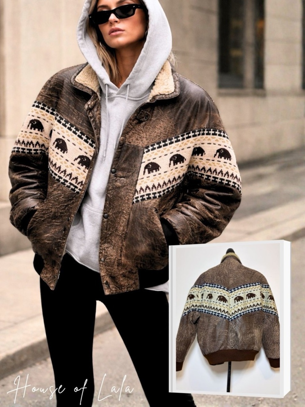 Vintage Distressed Lamb Leather Elephant Sweater Jacket Western Lodge